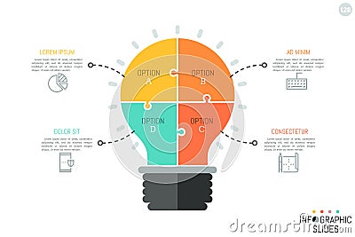 Jigsaw puzzle in shape of light bulb divided into 4 pieces. Minimal infographic design template. Idea creation and Vector Illustration