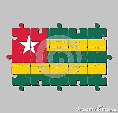 Jigsaw puzzle of Togo flag in five equal horizontal bands of green alternating with yellow; with a red canton bearing a white star Vector Illustration