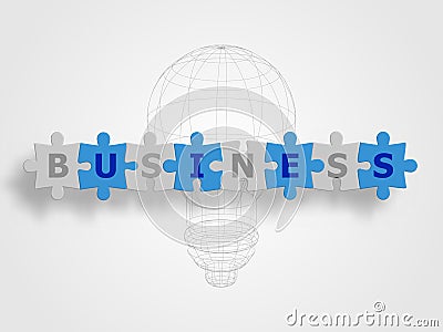 Jigsaws connected as a word of BUSINESS on wireframe lightbulb as background represent business concept. Technology background. Stock Photo