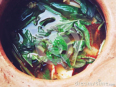 Jim Jum close up top view Thai Hot Pot in Clay pot Stock Photo