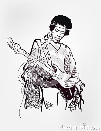 Jimi Hendrix american singer guitar player black vector illustration sketch style Cartoon Illustration