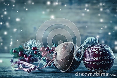 Jingle Bells pine branches Christmas decoration in the snow atmosphere. Stock Photo