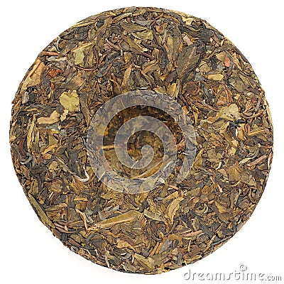 Jingmai Gu Shu Huang Pian Raw Puerh tea in round shape isolated Stock Photo