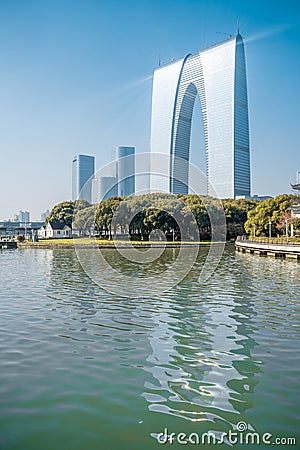 Jinji lake and Suzhou skyline Editorial Stock Photo