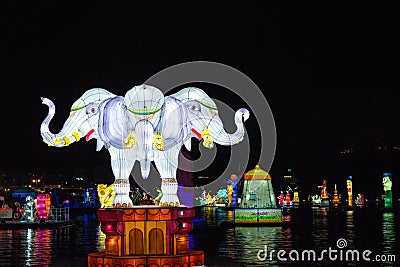 Jinju fort (jinjuseong) yudeung lantern festival with river lantern elephant night Stock Photo