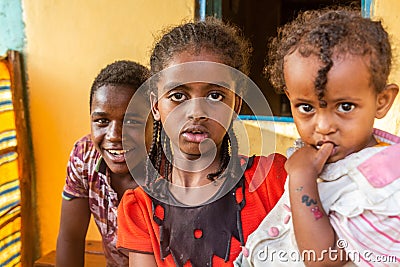 JINKA, ETHIOPIA - FEBRUARY 2, 2020: Children in Jinka, Ethiop Editorial Stock Photo