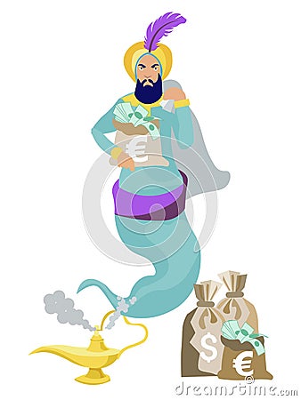 Jinn flies out of the lamp, in the hands of wealth, money, dollars. In minimalist style. Cartoon flat vector Vector Illustration