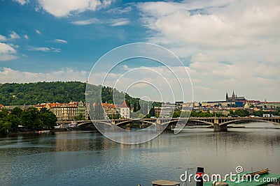 Jirasek Bridge, Prague, Czech Republic: Jiraskuv most over Vltava river in city of Prague in Czechia , Mala Strana district with Editorial Stock Photo