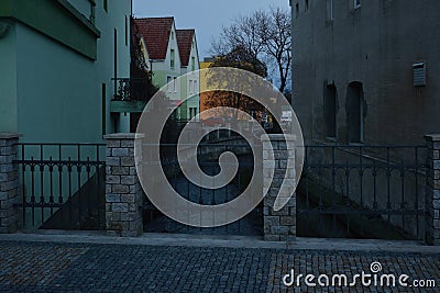 Jirkov, Czech republic - December 08, 2018: river Bilina in historical centre of Jirkov city at winter evening Editorial Stock Photo