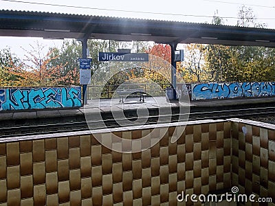 Jirkov, Czech republic - October 22, 2019: benche in train station named Jirkov zastavka Editorial Stock Photo