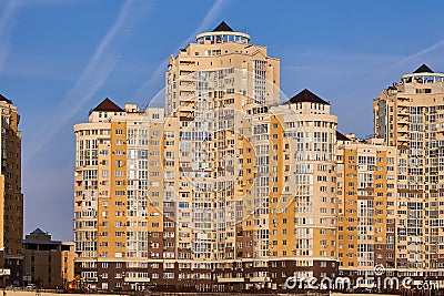 JK Evropeyskiy - Kozhevennaya 26.Wonderful view of the complex from the Kuban River in the winter in the golden hours. In the back Editorial Stock Photo