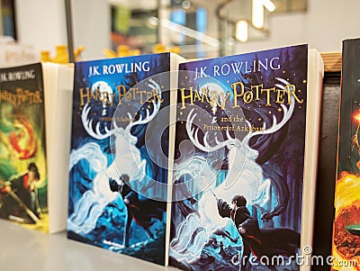 JK Rowling Harry Potter books on a store shelve object closeup, nobody, shallow dof. Popular famous books, bestsellers, classic Editorial Stock Photo