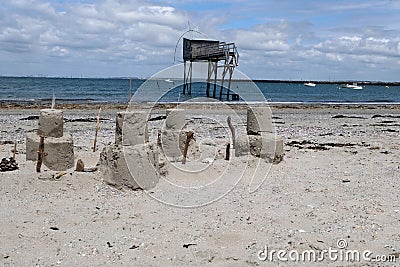 Construction in sand and wooden hut typical of the Atlantic coast in France Stock Photo