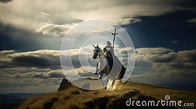 Joan of Arc, God's Warrior. Young woman in armor riding on horse and holding a Cross Cartoon Illustration