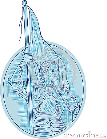 Joan of Arc Holding Flag Oval Drawing Cartoon Illustration