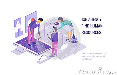 Job agency find human resources. Search working staff, study resume. Vector Illustration