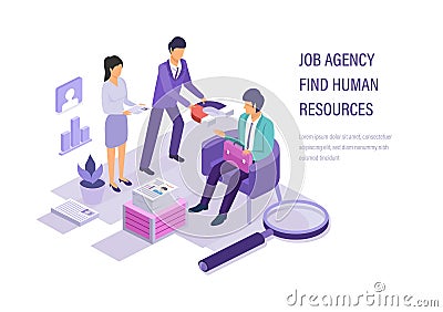 Job agency find human resources. Search working staff, study resume. Vector Illustration