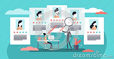 Job agency vector illustration. Tiny employee headhunters persons concept. Vector Illustration