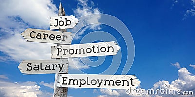 Job, career, promotion, salary, employment - wooden signpost with five arrows Stock Photo