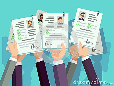 Job competition. Candidates hold cv resume. Recruitment and human resource vector concept Vector Illustration