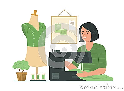 Dressmaker Woman Sewing Clothes with Sewing Machine Vector Illustration