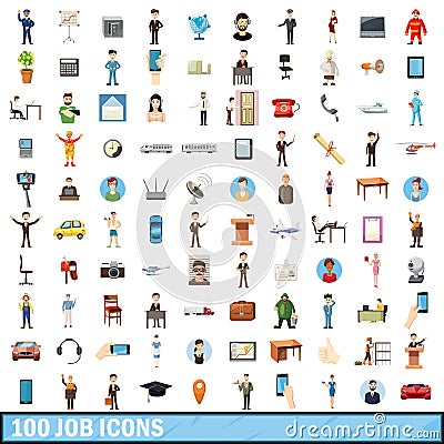 100 job icons set, cartoon style Vector Illustration