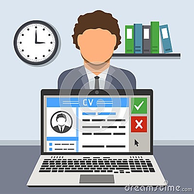 Job interview concept: curriculum vitae on screen of a laptop and a candidate behind it Vector Illustration