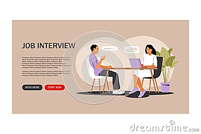 Job interview concept. Landing page. Interview with human resources. Vector illustration. Flat Vector Illustration