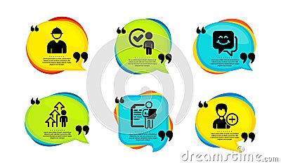 Job interview, Employee result and Verification person icons set. Smile face, Engineer and Add person signs. Vector Vector Illustration
