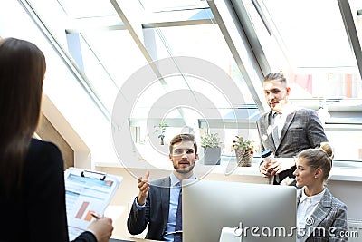 Job interview with the employer, businessman listen to candidate answers Stock Photo