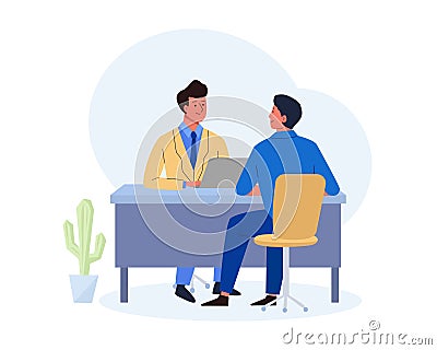 Job interview. HR manager with laptop talking to the candidate Vector Illustration