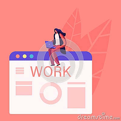 Job Interview and Human Resources Concept. Woman with Laptop Searching New Job Sending CV and Publishing Ads Vector Illustration