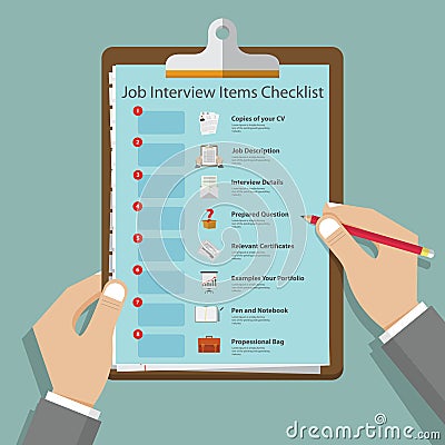 Job interview icons in flat design on clipboard. Job interview preparation infographic. Vector Vector Illustration