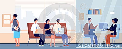 Job interview in office. Occupation recruitment, female communication with employee. Nervous people queue, professionals Vector Illustration
