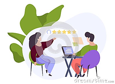 Job interview. Online resume, employee rating. HR manager and worker, man searching people in internet vector concept Vector Illustration