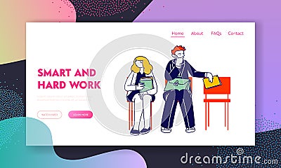 Job Interview with Potential Business Partners Website Landing Page. Serious Young Man and Woman with Cv Vector Illustration