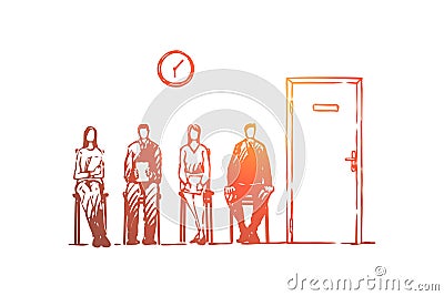 Job interview queue, men and women in formal clothes sitting in hallway, people waiting in corridor Vector Illustration