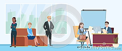 Job interview queue. People in room wait line, cartoon nervous woman man characters. HR or recruitment office, employees Vector Illustration