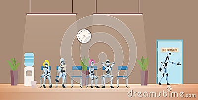 Job Interview Recruiting and Robots. Vector. Vector Illustration