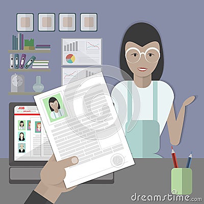 Job interview with resume. Vector Illustration