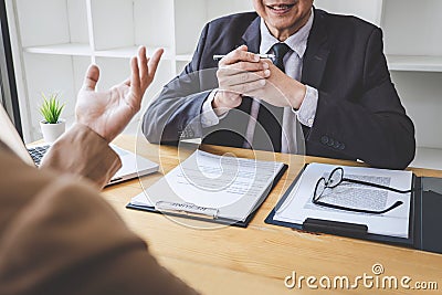 Job interview, Senior selection committee manager asking questions to applicant about work history, colloquy dream, Skill, Stock Photo