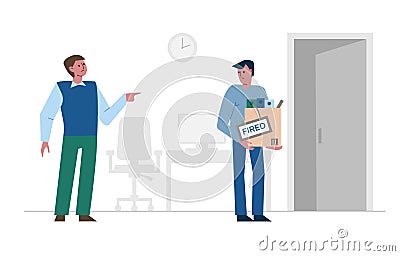 Fired office worker and boss. Young employee dismissed from a job. Vector Illustration