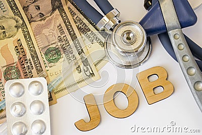 Job in medicine and pharmacy concept photo. Stethoscope, neurological reflex rubber hammer, dollar bills and syringe with medicine Stock Photo