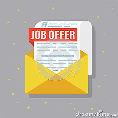 Job offer document in big yellow envelope. Recruitment process. Company hiring. Important notice. Job invitation letter after Vector Illustration