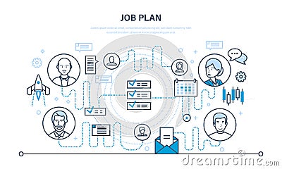 Job plan, time management, organization, planning, communication, event planner. Vector Illustration