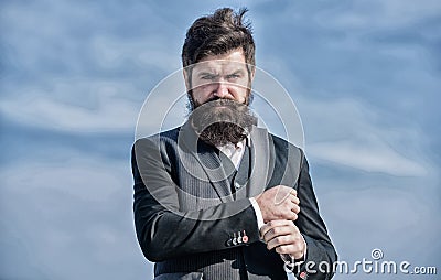 Job promotion. Businessman against sky. Future success. formal fashion. brutal caucasian hipster with moustache. Mature Stock Photo
