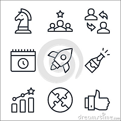 Job promotion line icons. linear set. quality vector line set such as thumbs up, puzzle, growth, champagne, rocket, calendar, Vector Illustration