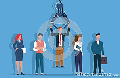 Job recruiting. Employment company job recruitment, robot recruiter chooses man from people, jobs agency select guy Vector Illustration