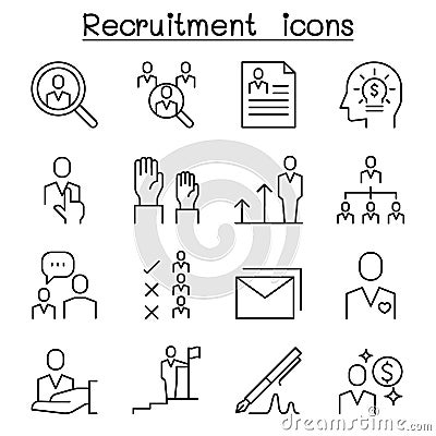 Job, Recruitment, interview, staff, employee icon set in thin line style Cartoon Illustration