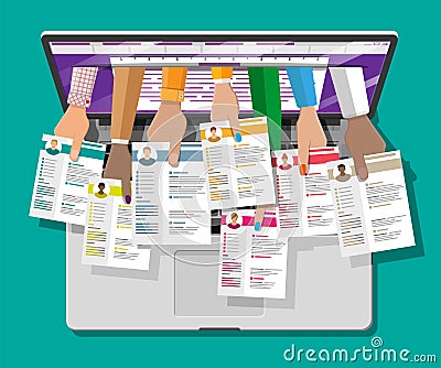 Job resume document out from laptop Vector Illustration